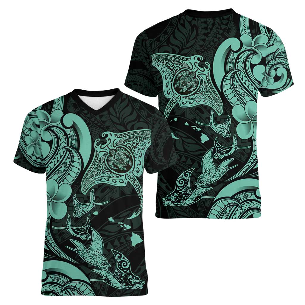 Hawaiian Manta Rays Women V-Neck T-Shirt Tribal Hibiscus Polynesian Tattoos Turquoise Color - Polynesian Pride