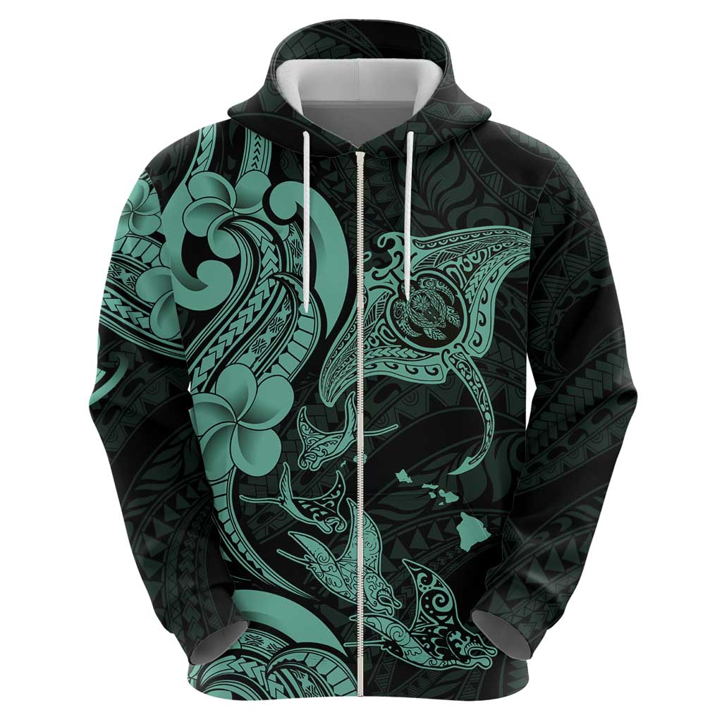 Hawaiian Manta Rays Zip Hoodie Tribal Hibiscus Polynesian Tattoos Turquoise Color - Polynesian Pride