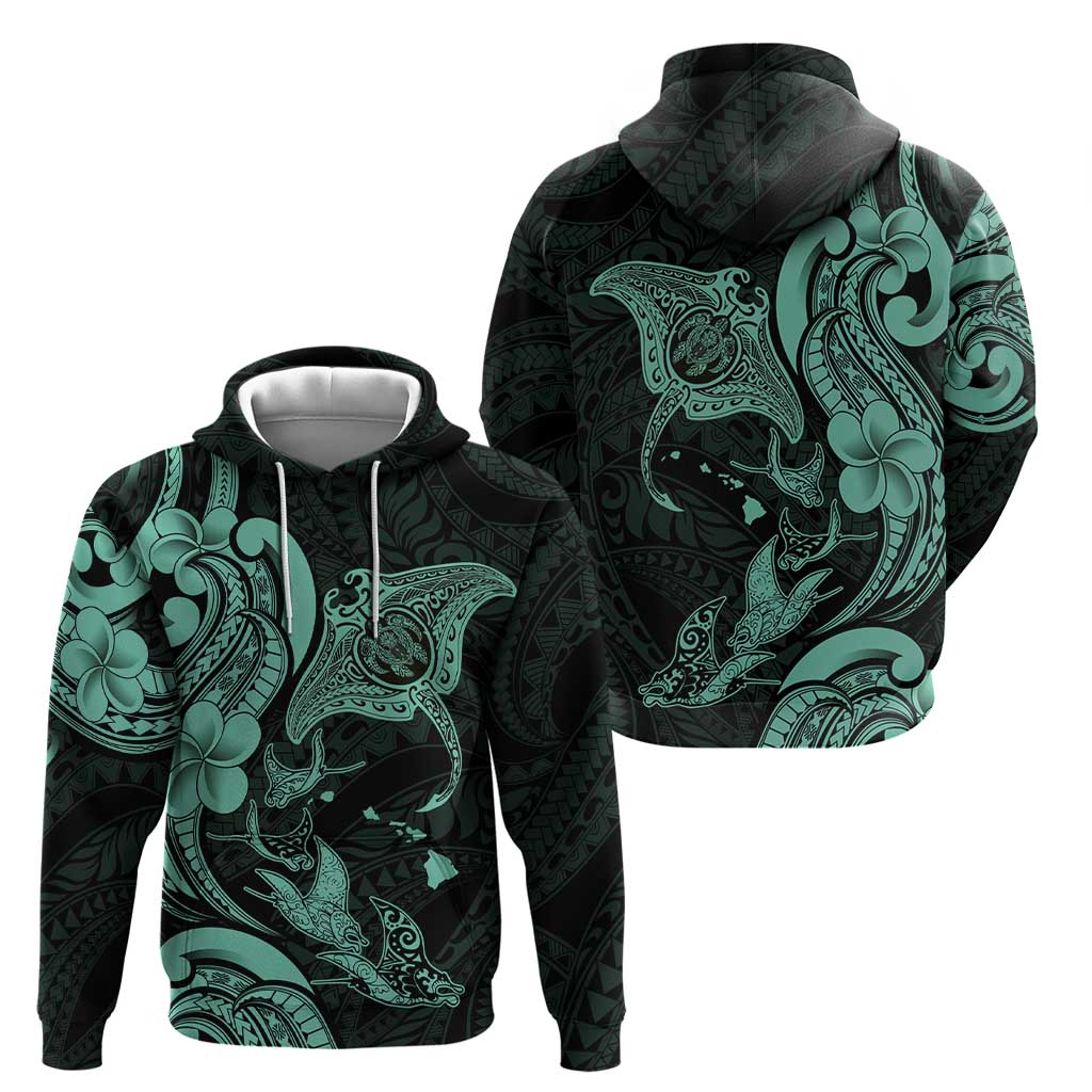 Hawaiian Manta Rays Zip Hoodie Tribal Hibiscus Polynesian Tattoos Turquoise Color - Polynesian Pride