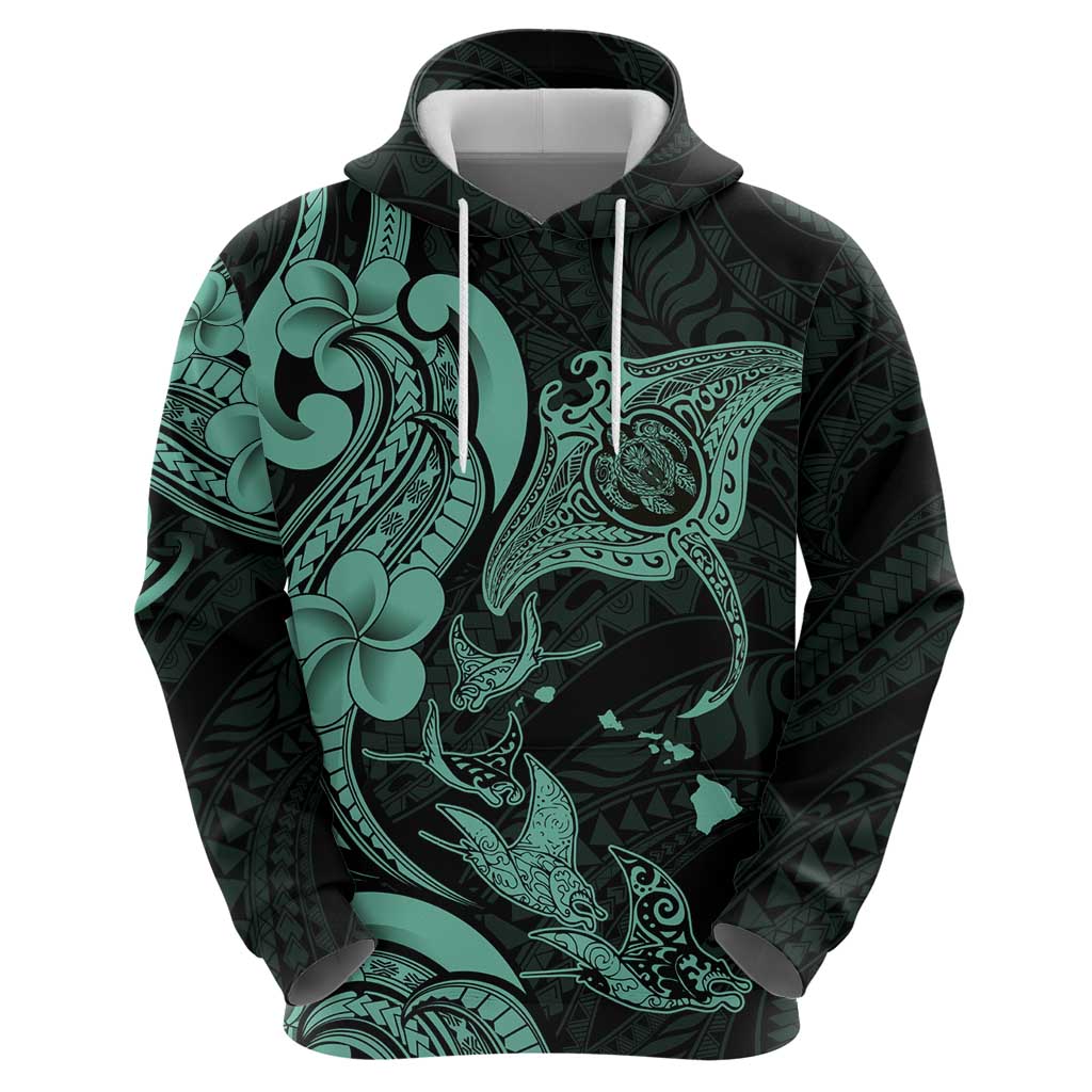 Hawaiian Manta Rays Zip Hoodie Tribal Hibiscus Polynesian Tattoos Turquoise Color - Polynesian Pride
