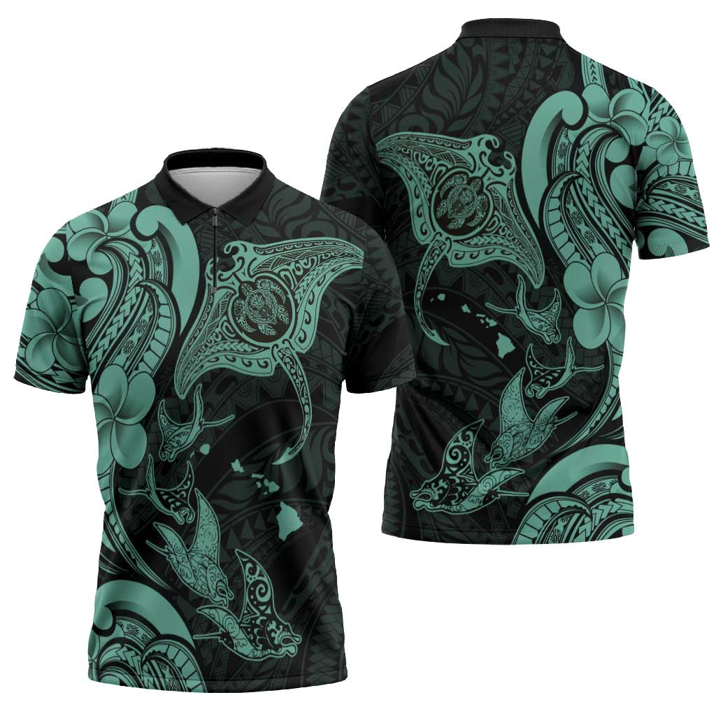 Hawaiian Manta Rays Zipper Polo Shirt Tribal Hibiscus Polynesian Tattoos Turquoise Color - Polynesian Pride
