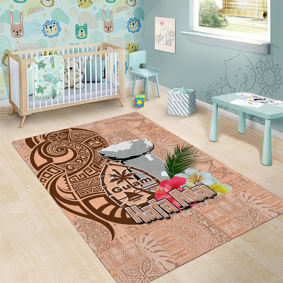 Guam Seal and Latte Stone With Ethnic Tapa Pattern Area Rug Peach Fuzz Color LT03 - Polynesian Pride