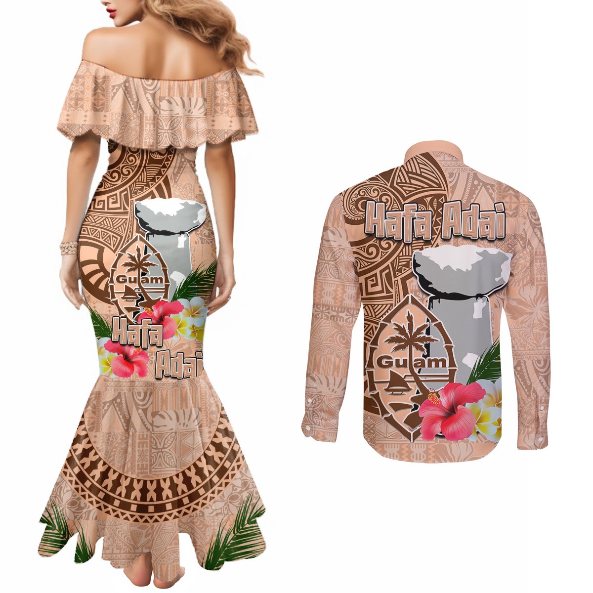 Guam Seal and Latte Stone With Ethnic Tapa Pattern Couples Matching Mermaid Dress and Long Sleeve Button Shirt Peach Fuzz Color LT03 - Polynesian Pride