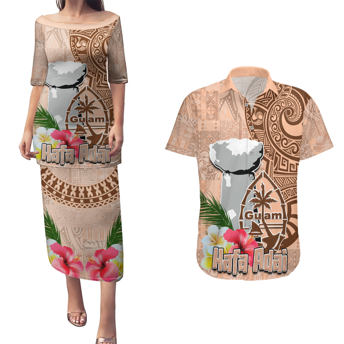 Guam Seal and Latte Stone With Ethnic Tapa Pattern Couples Matching Puletasi and Hawaiian Shirt Peach Fuzz Color LT03 Peach Fuzz - Polynesian Pride