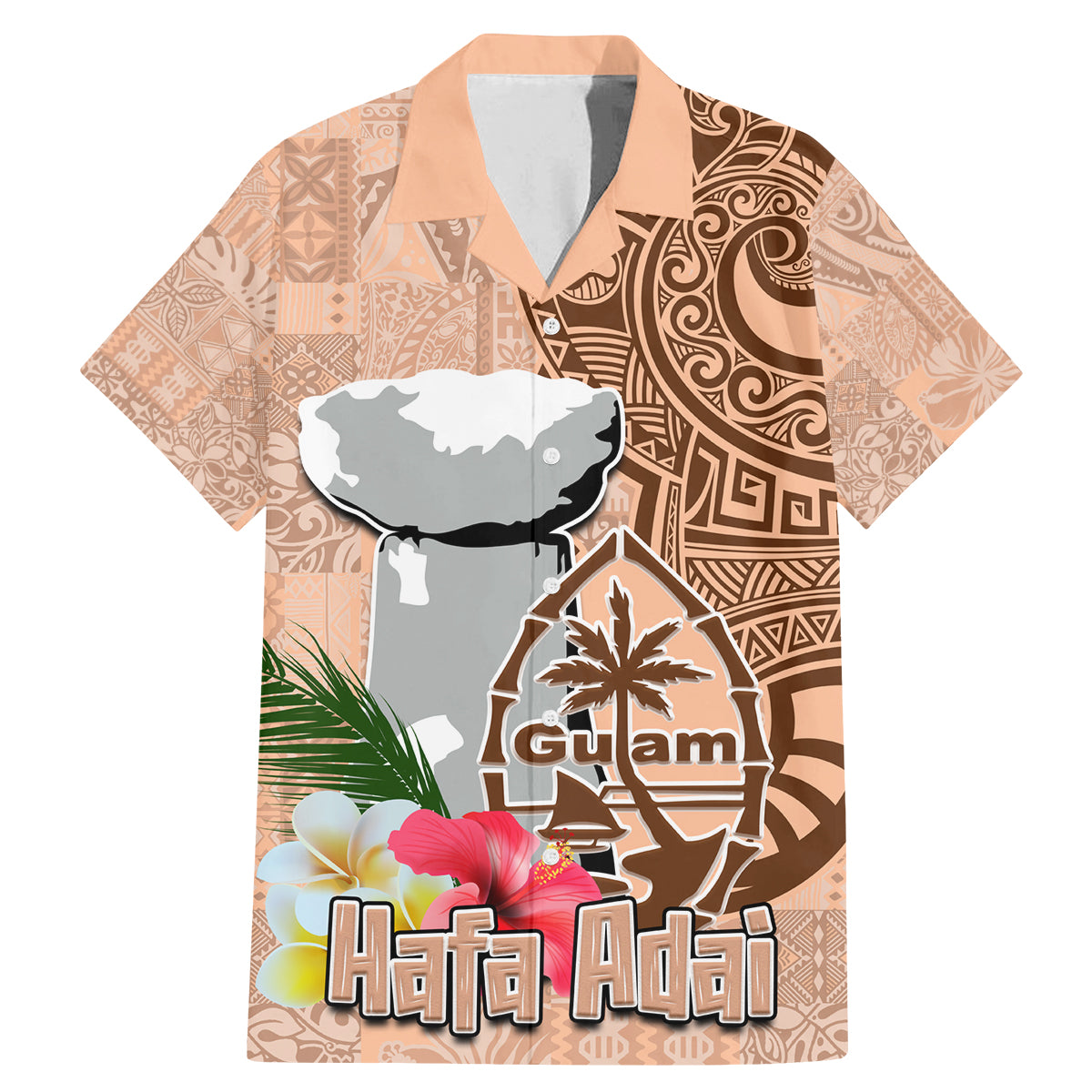 Guam Seal and Latte Stone With Ethnic Tapa Pattern Family Matching Mermaid Dress and Hawaiian Shirt Peach Fuzz Color LT03 Dad's Shirt - Short Sleeve Peach Fuzz - Polynesian Pride