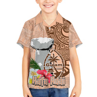 Guam Seal and Latte Stone With Ethnic Tapa Pattern Family Matching Off Shoulder Long Sleeve Dress and Hawaiian Shirt Peach Fuzz Color LT03 Son's Shirt Peach Fuzz - Polynesian Pride