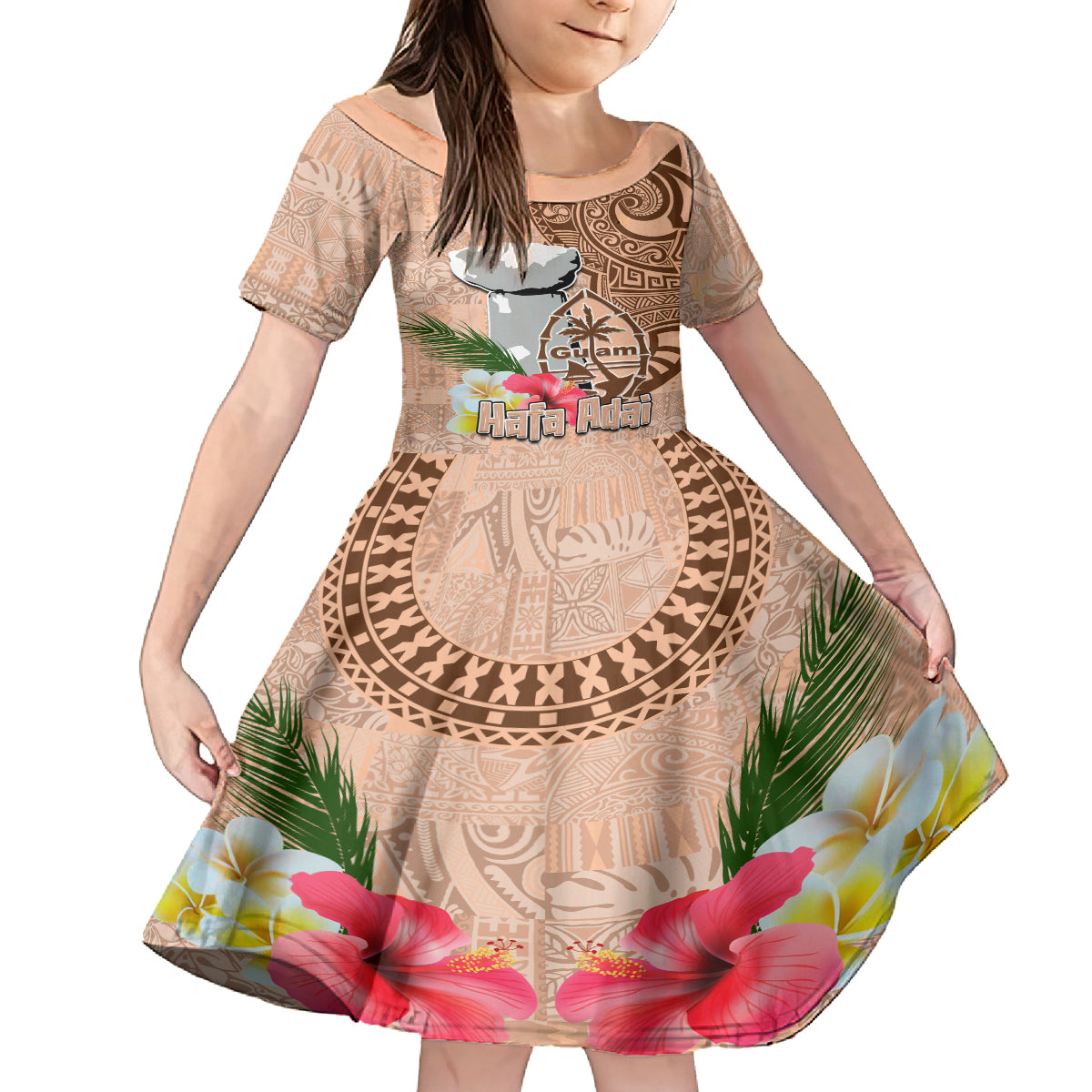 Guam Seal and Latte Stone With Ethnic Tapa Pattern Family Matching Off Shoulder Maxi Dress and Hawaiian Shirt Peach Fuzz Color LT03 Daughter's Dress Peach Fuzz - Polynesian Pride