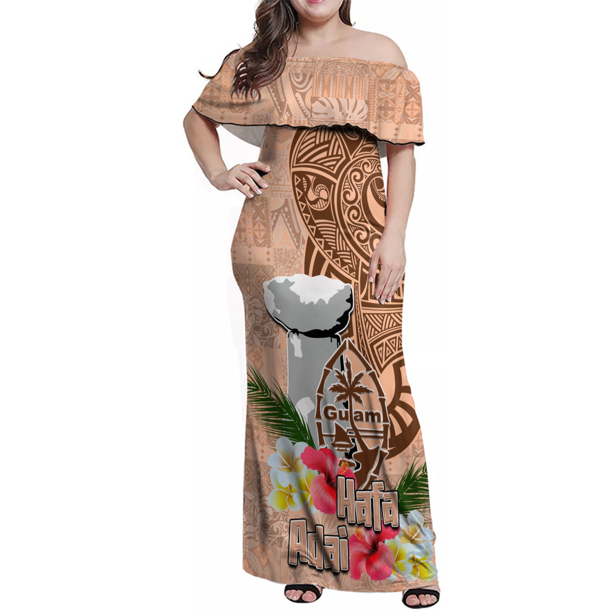 Guam Seal and Latte Stone With Ethnic Tapa Pattern Family Matching Off Shoulder Maxi Dress and Hawaiian Shirt Peach Fuzz Color LT03 Mom's Dress Peach Fuzz - Polynesian Pride