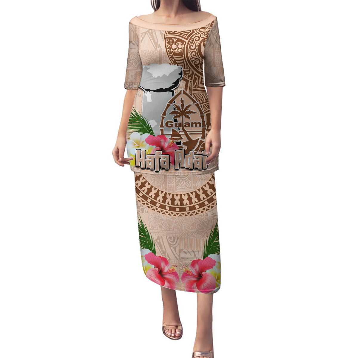 Guam Seal and Latte Stone With Ethnic Tapa Pattern Family Matching Puletasi and Hawaiian Shirt Peach Fuzz Color LT03 Mom's Dress Peach Fuzz - Polynesian Pride