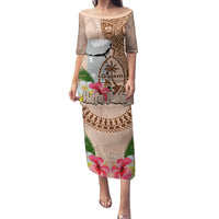 Guam Seal and Latte Stone With Ethnic Tapa Pattern Family Matching Puletasi and Hawaiian Shirt Peach Fuzz Color LT03 Mom's Dress Peach Fuzz - Polynesian Pride
