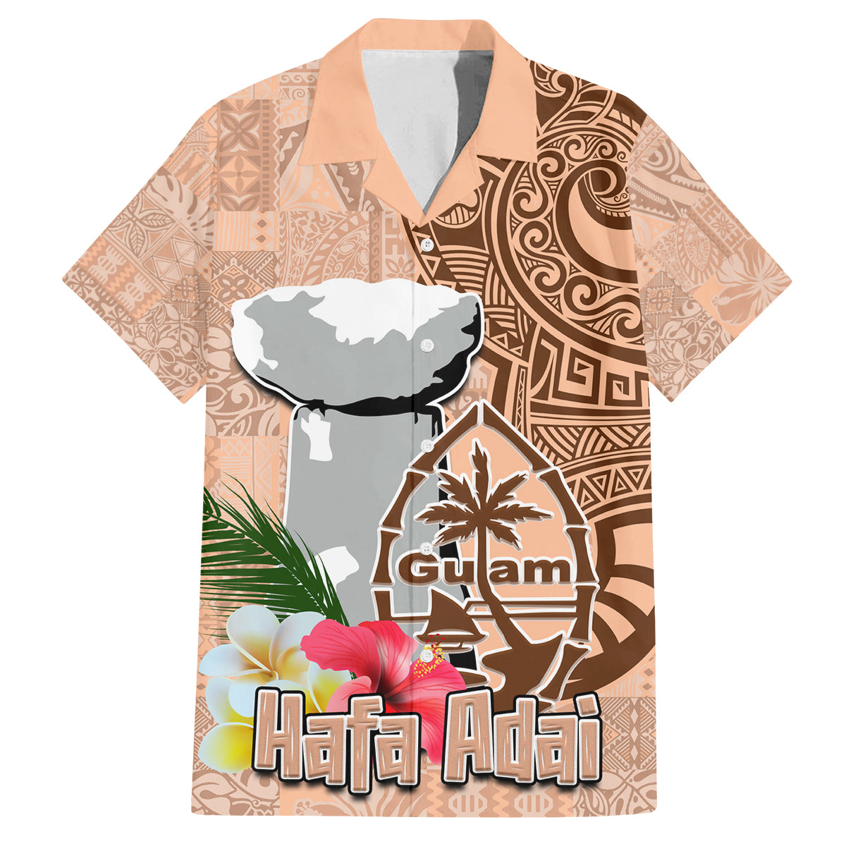 Guam Seal and Latte Stone With Ethnic Tapa Pattern Family Matching Tank Maxi Dress and Hawaiian Shirt Peach Fuzz Color LT03 Dad's Shirt - Short Sleeve Peach Fuzz - Polynesian Pride