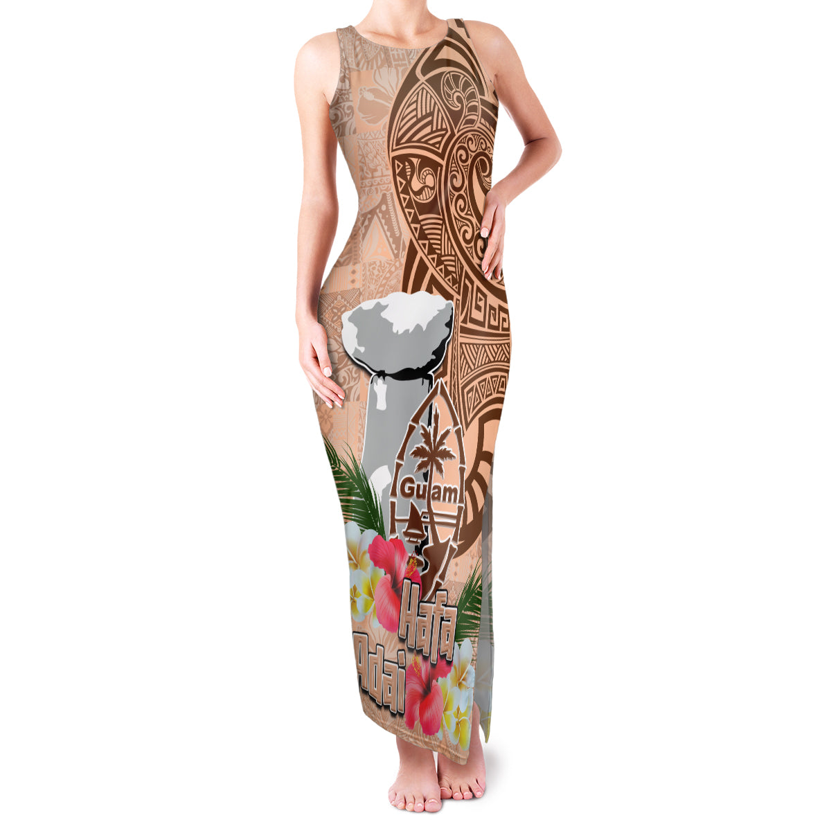 Guam Seal and Latte Stone With Ethnic Tapa Pattern Family Matching Tank Maxi Dress and Hawaiian Shirt Peach Fuzz Color LT03 Mom's Dress Peach Fuzz - Polynesian Pride