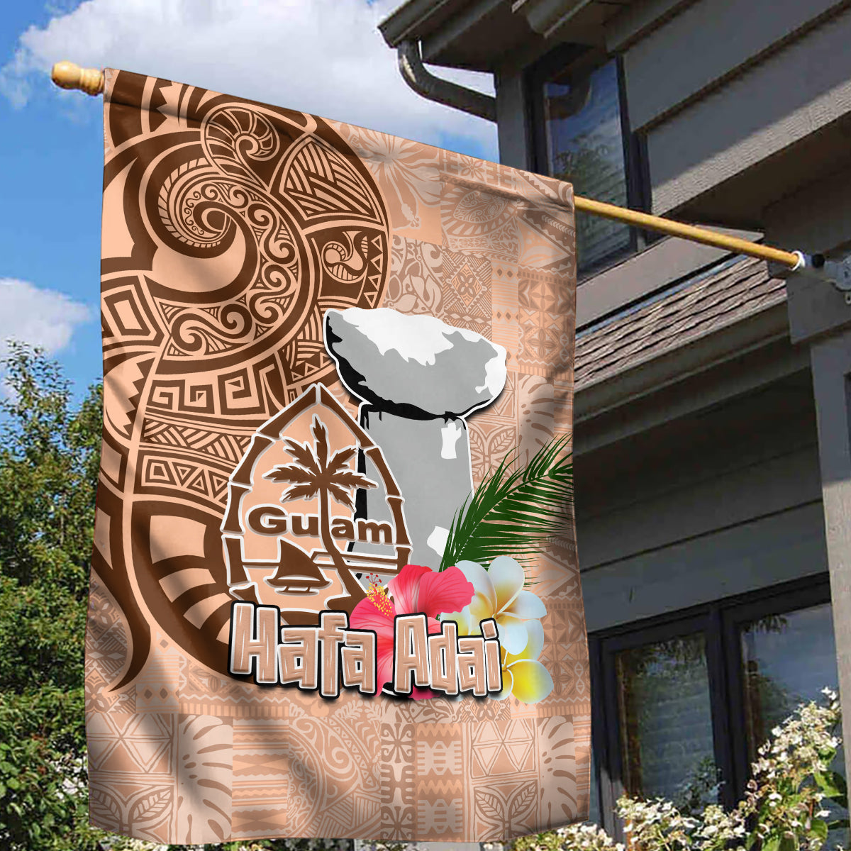 Guam Seal and Latte Stone With Ethnic Tapa Pattern Garden Flag Peach Fuzz Color LT03 - Polynesian Pride