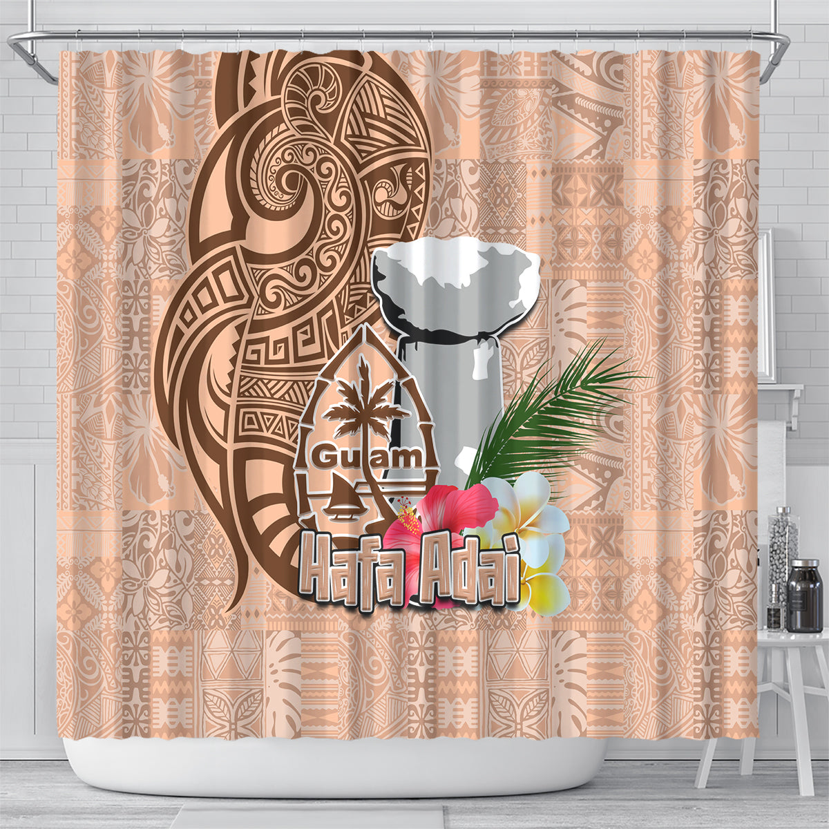 Guam Seal and Latte Stone With Ethnic Tapa Pattern Shower Curtain Peach Fuzz Color LT03 - Polynesian Pride