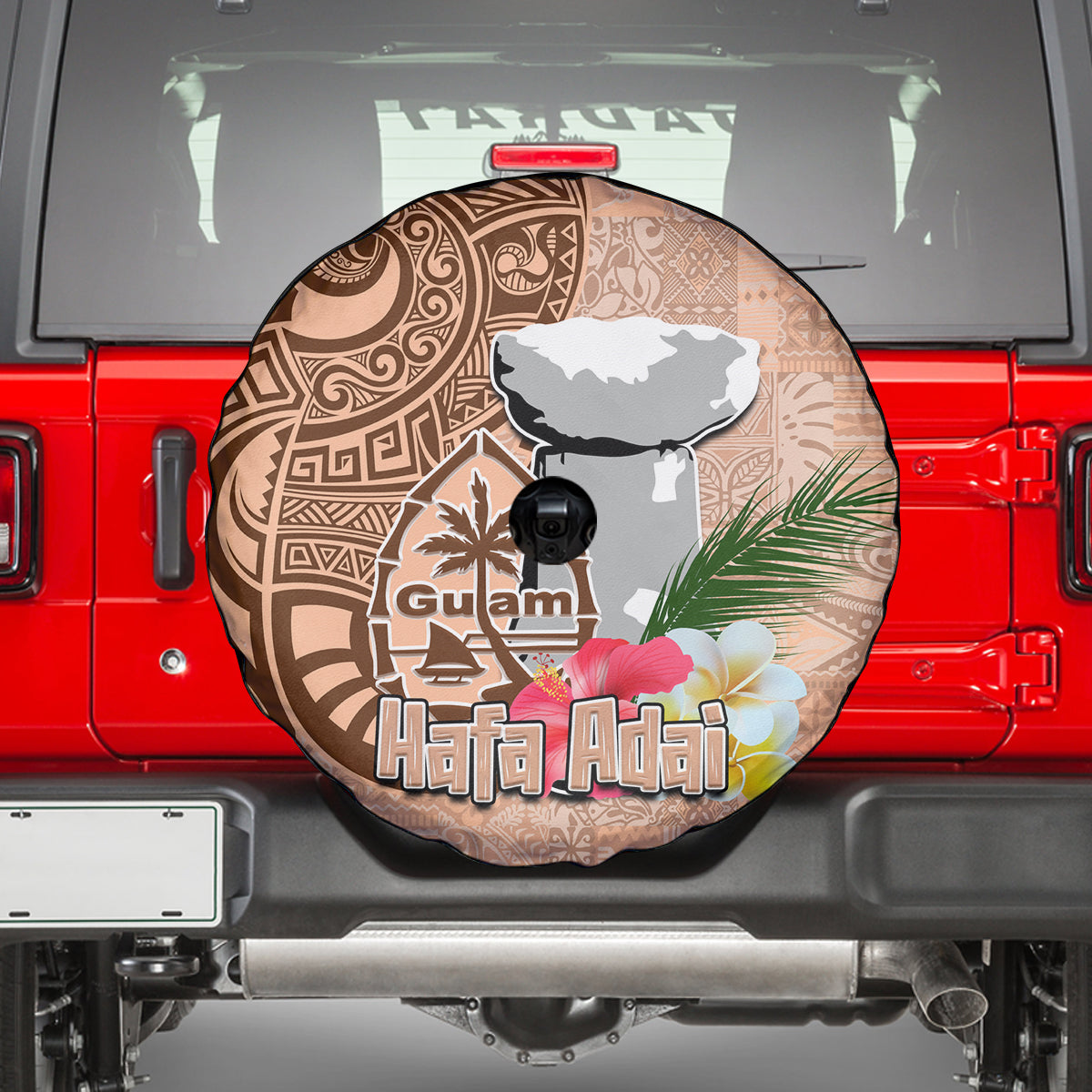 Guam Seal and Latte Stone With Ethnic Tapa Pattern Spare Tire Cover Peach Fuzz Color LT03 - Polynesian Pride