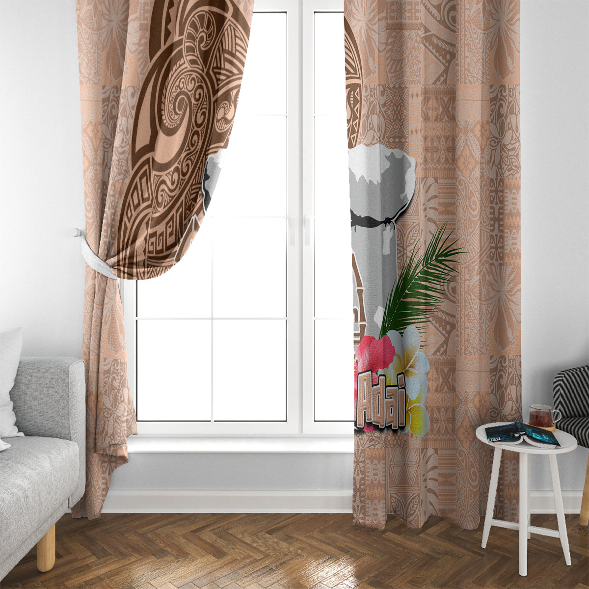 Guam Seal and Latte Stone With Ethnic Tapa Pattern Window Curtain Peach Fuzz Color LT03 - Polynesian Pride