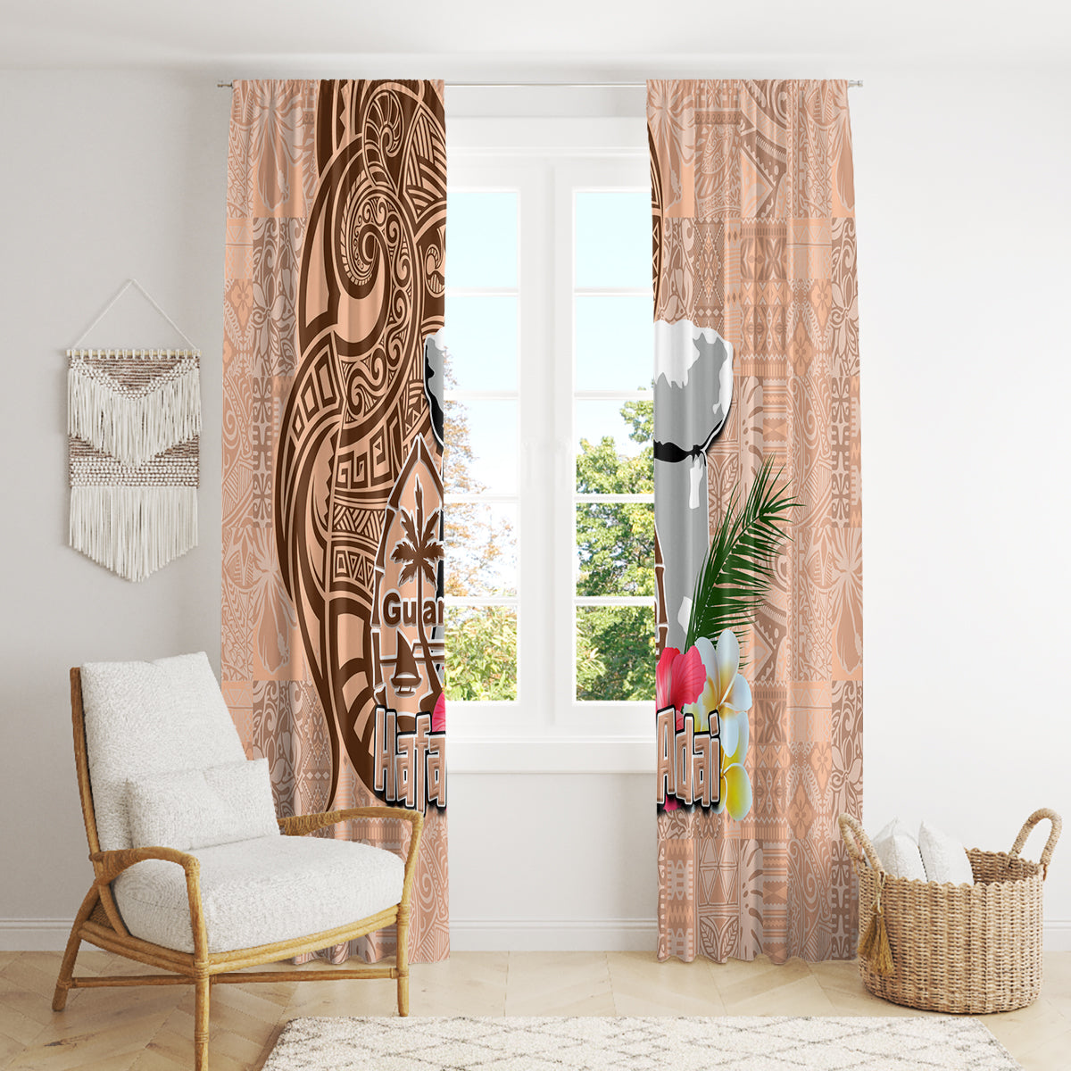 Guam Seal and Latte Stone With Ethnic Tapa Pattern Window Curtain Peach Fuzz Color LT03 - Polynesian Pride