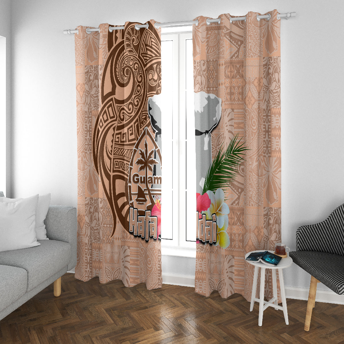 Guam Seal and Latte Stone With Ethnic Tapa Pattern Window Curtain Peach Fuzz Color LT03 With Grommets Peach Fuzz - Polynesian Pride