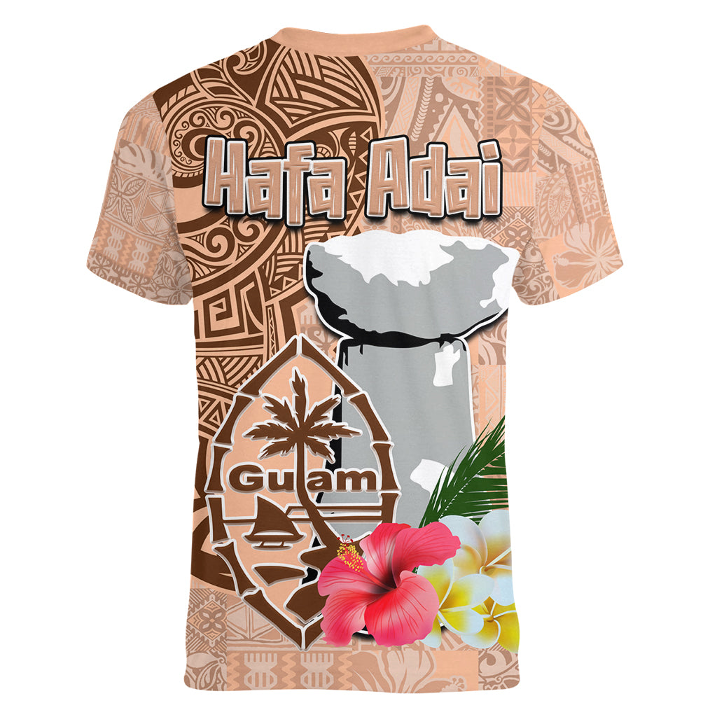 Guam Seal and Latte Stone With Ethnic Tapa Pattern Women V Neck T Shirt Peach Fuzz Color LT03 - Polynesian Pride