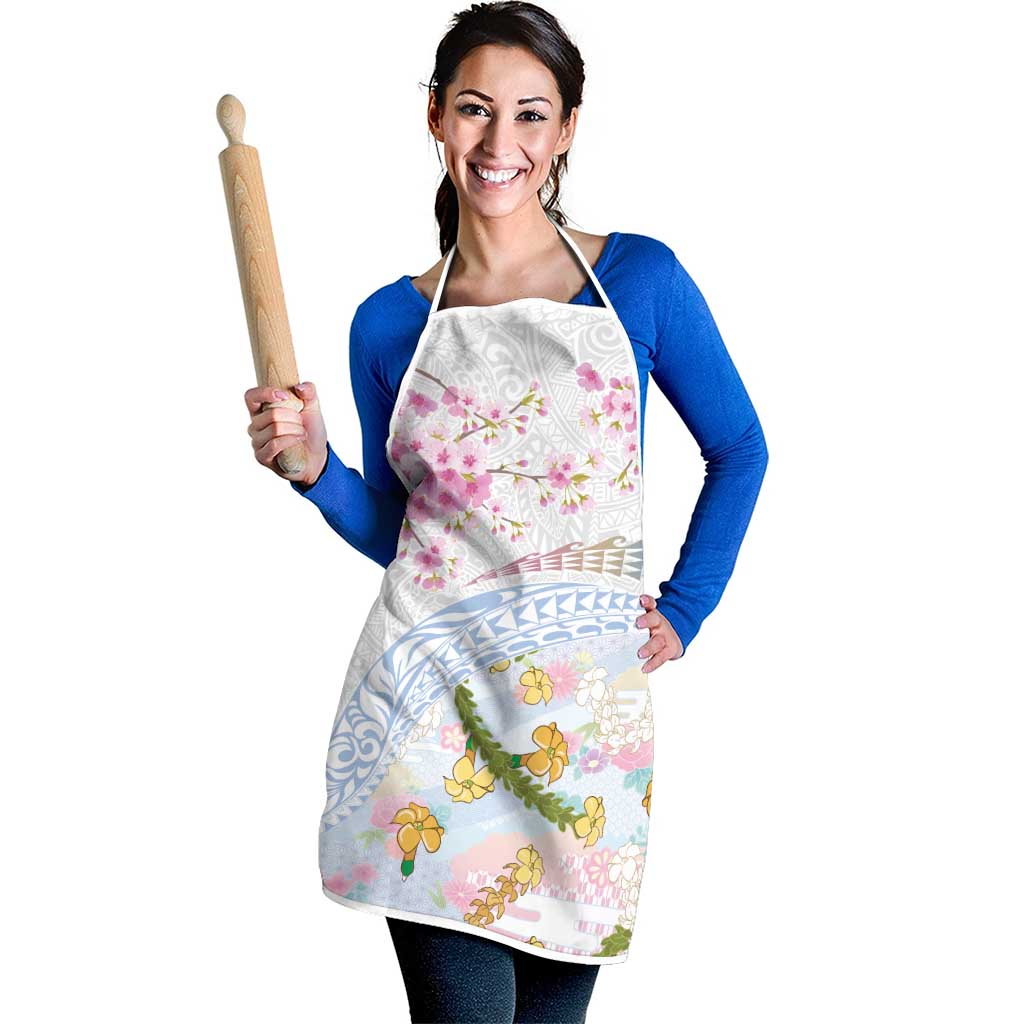 Hawaiian and Japanese Culture Together Apron Tribal Motifs with Lei and Japanese Sakura Pattern