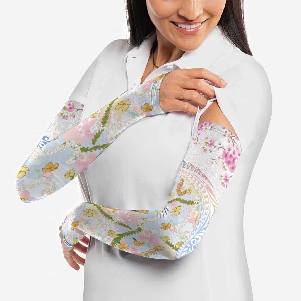 Hawaiian and Japanese Culture Together Arm Sleeves Tribal Motifs with Lei and Japanese Sakura Pattern