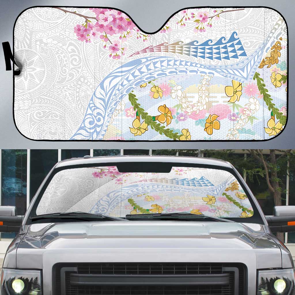 Hawaiian and Japanese Culture Together Auto Sun Shade Tribal Motifs with Lei and Japanese Sakura Pattern