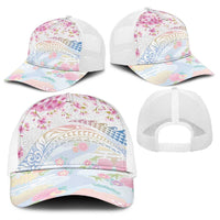 Hawaiian and Japanese Culture Together Baseball Net Cap Tribal Motifs with Lei and Japanese Sakura Pattern