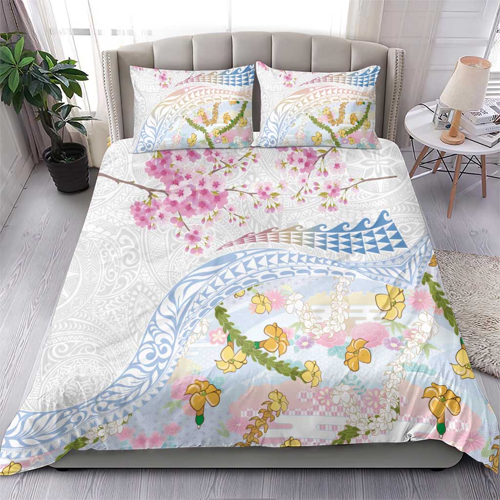 Hawaiian and Japanese Culture Together Bedding Set Tribal Motifs with Lei and Japanese Sakura Pattern