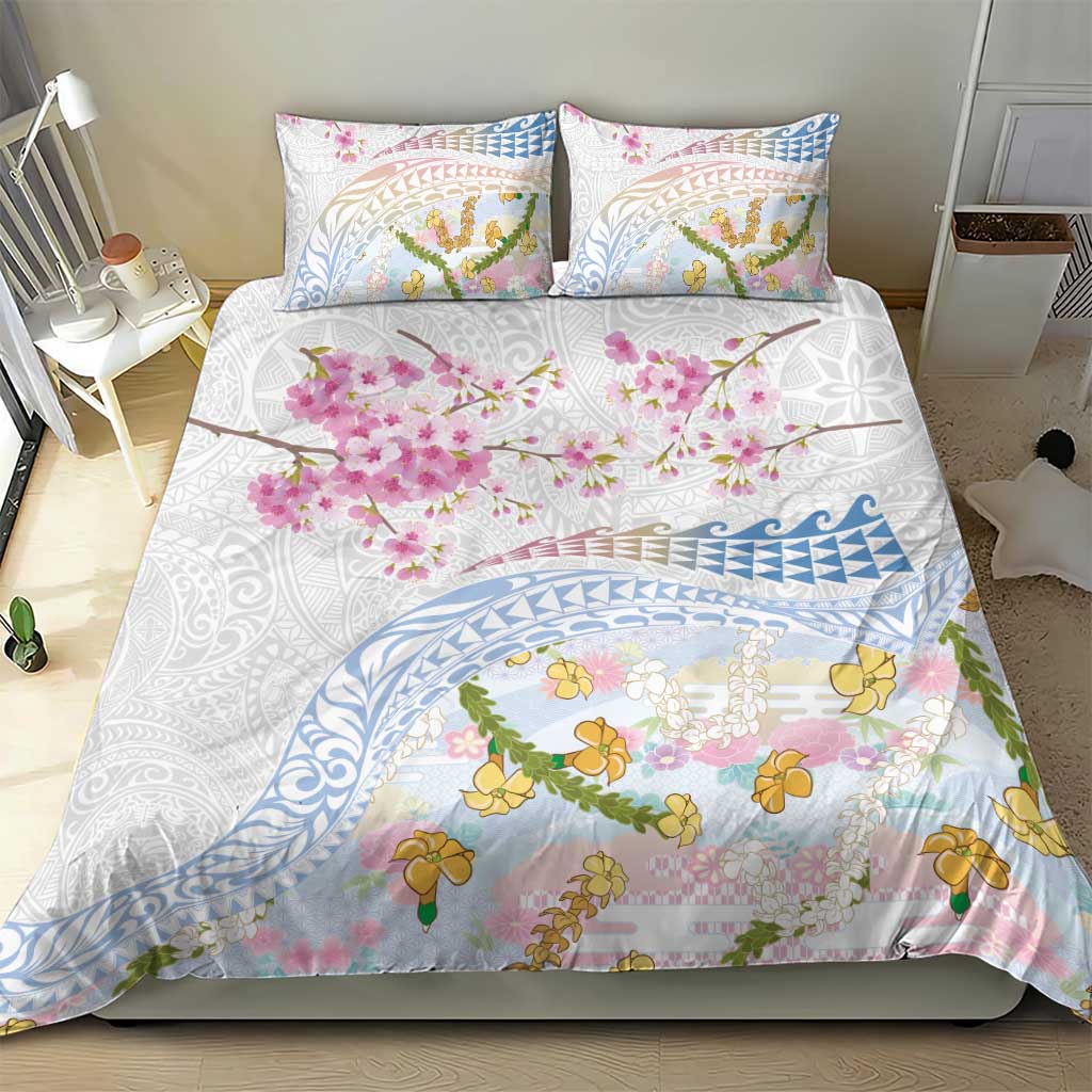 Hawaiian and Japanese Culture Together Bedding Set Tribal Motifs with Lei and Japanese Sakura Pattern