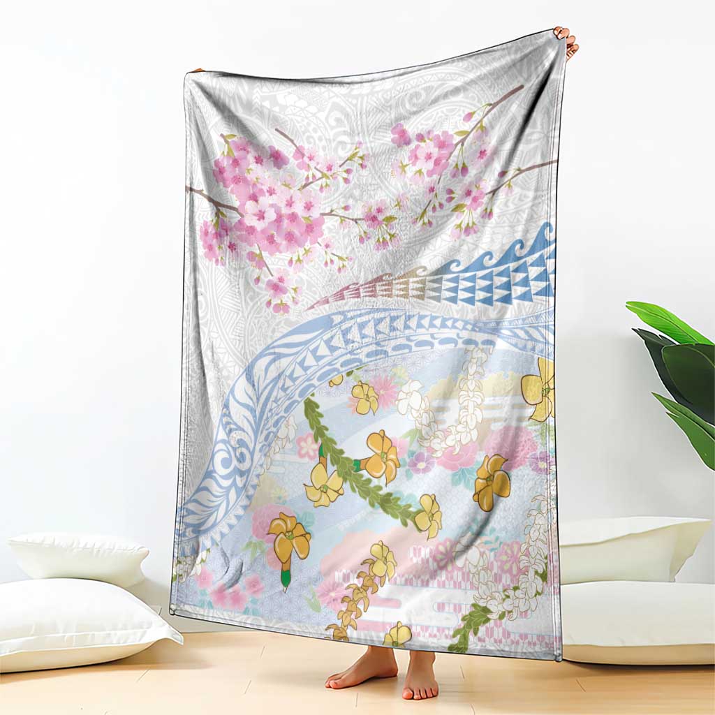 Hawaiian and Japanese Culture Together Blanket Tribal Motifs with Lei and Japanese Sakura Pattern