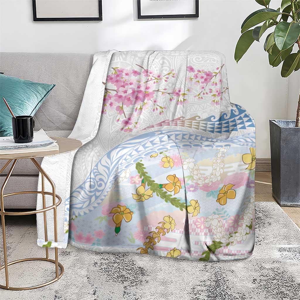 Hawaiian and Japanese Culture Together Blanket Tribal Motifs with Lei and Japanese Sakura Pattern