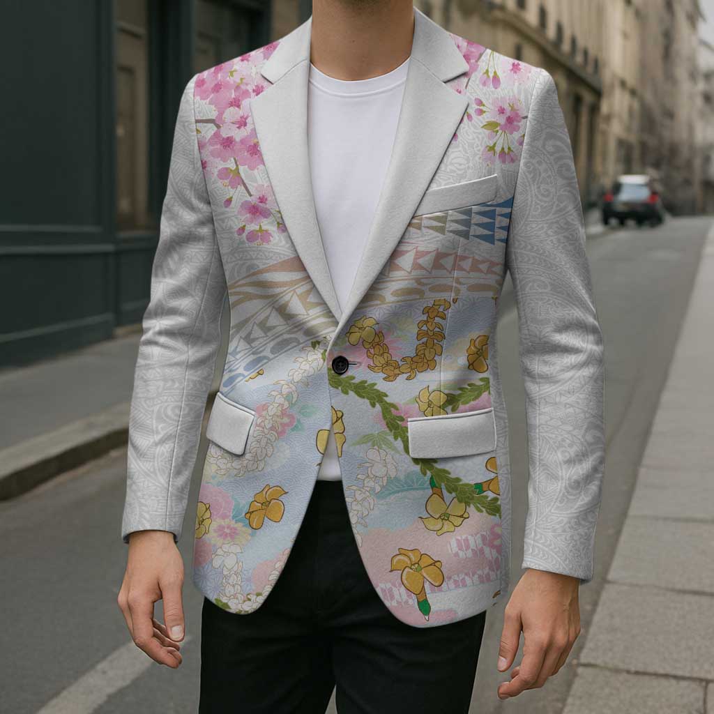Hawaiian and Japanese Culture Together Blazer Tribal Motifs with Lei and Japanese Sakura Pattern