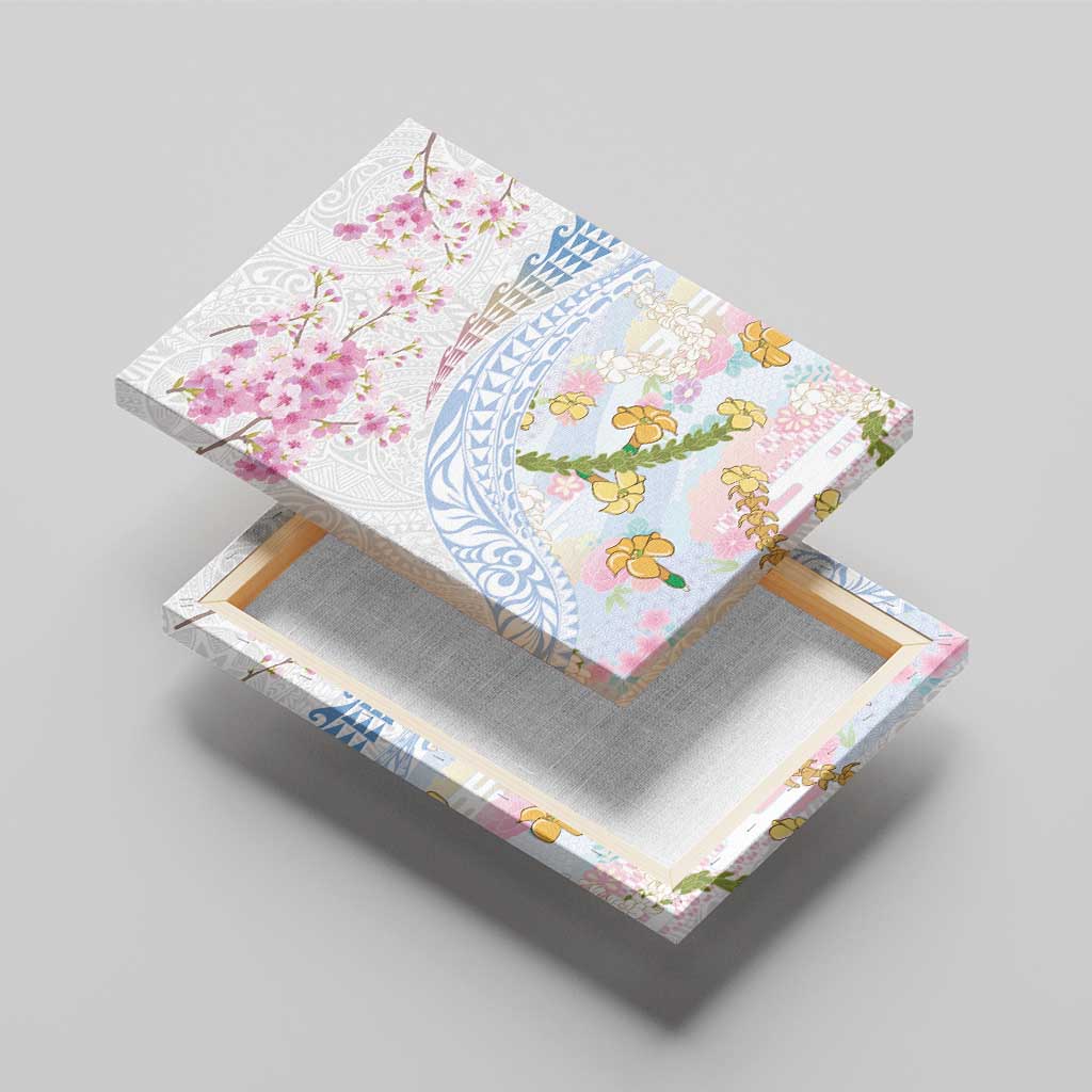 Hawaiian and Japanese Culture Together Canvas Wall Art Tribal Motifs with Lei and Japanese Sakura Pattern