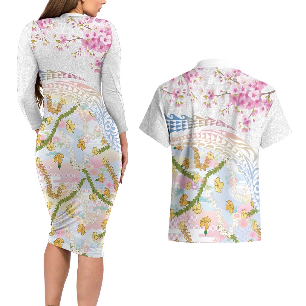 Hawaiian and Japanese Culture Together Couples Matching Long Sleeve Bodycon Dress and Hawaiian Shirt Tribal Motifs with Lei and Japanese Sakura Pattern