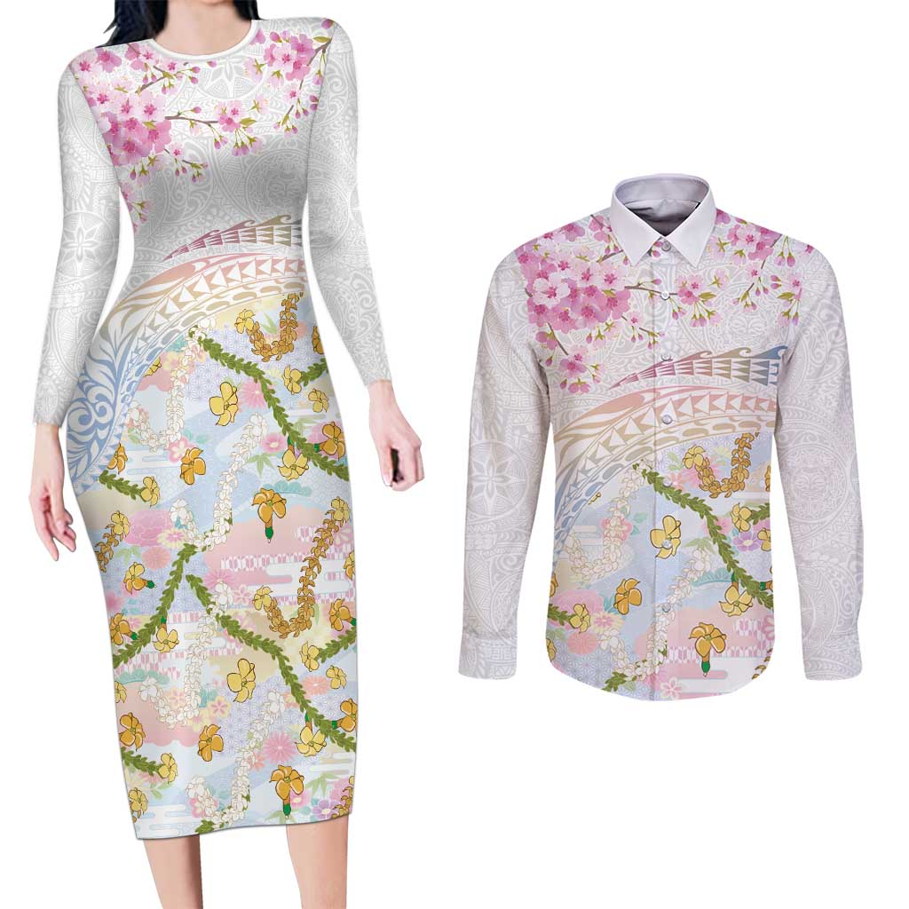 Hawaiian and Japanese Culture Together Couples Matching Long Sleeve Bodycon Dress and Long Sleeve Button Shirt Tribal Motifs with Lei and Japanese Sakura Pattern LT03 White - Polynesian Pride