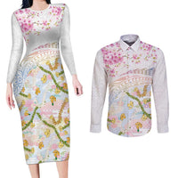 Hawaiian and Japanese Culture Together Couples Matching Long Sleeve Bodycon Dress and Long Sleeve Button Shirt Tribal Motifs with Lei and Japanese Sakura Pattern LT03 White - Polynesian Pride