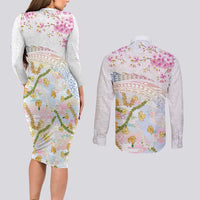 Hawaiian and Japanese Culture Together Couples Matching Long Sleeve Bodycon Dress and Long Sleeve Button Shirt Tribal Motifs with Lei and Japanese Sakura Pattern LT03 - Polynesian Pride
