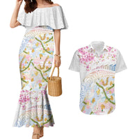 Hawaiian and Japanese Culture Together Couples Matching Mermaid Dress and Hawaiian Shirt Tribal Motifs with Lei and Japanese Sakura Pattern