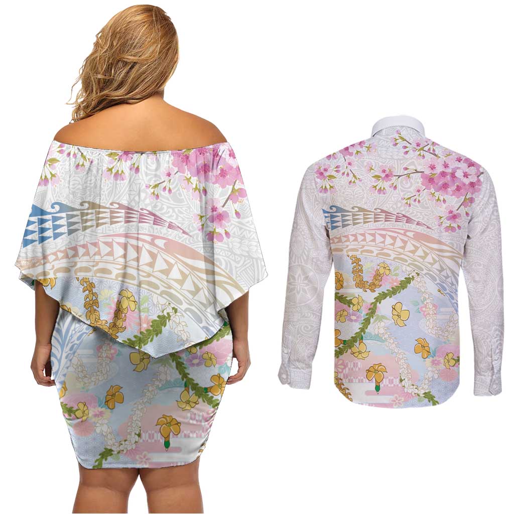 Hawaiian and Japanese Culture Together Couples Matching Off Shoulder Short Dress and Long Sleeve Button Shirt Tribal Motifs with Lei and Japanese Sakura Pattern