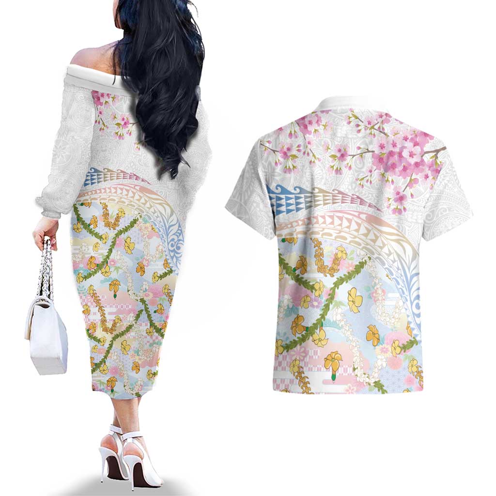 Hawaiian and Japanese Culture Together Couples Matching Off The Shoulder Long Sleeve Dress and Hawaiian Shirt Tribal Motifs with Lei and Japanese Sakura Pattern
