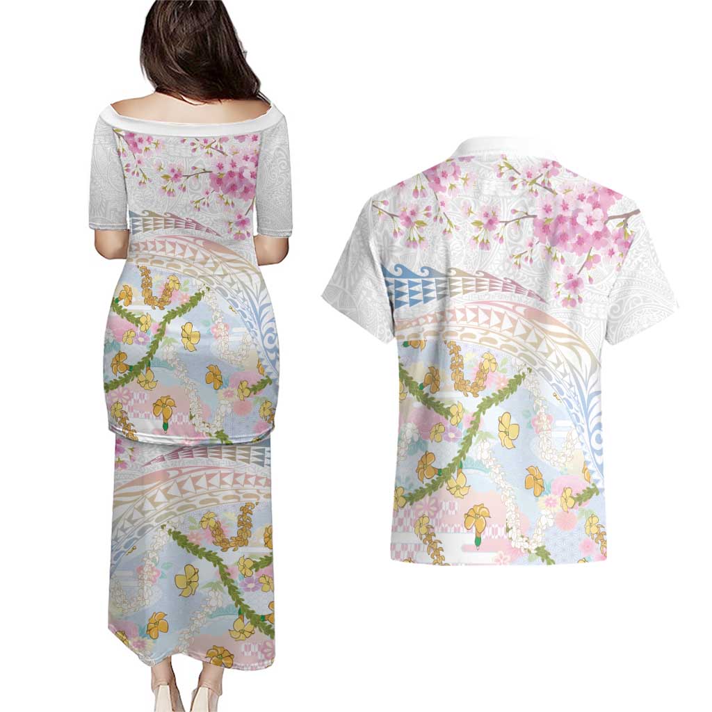 Hawaiian and Japanese Culture Together Couples Matching Puletasi and Hawaiian Shirt Tribal Motifs with Lei and Japanese Sakura Pattern