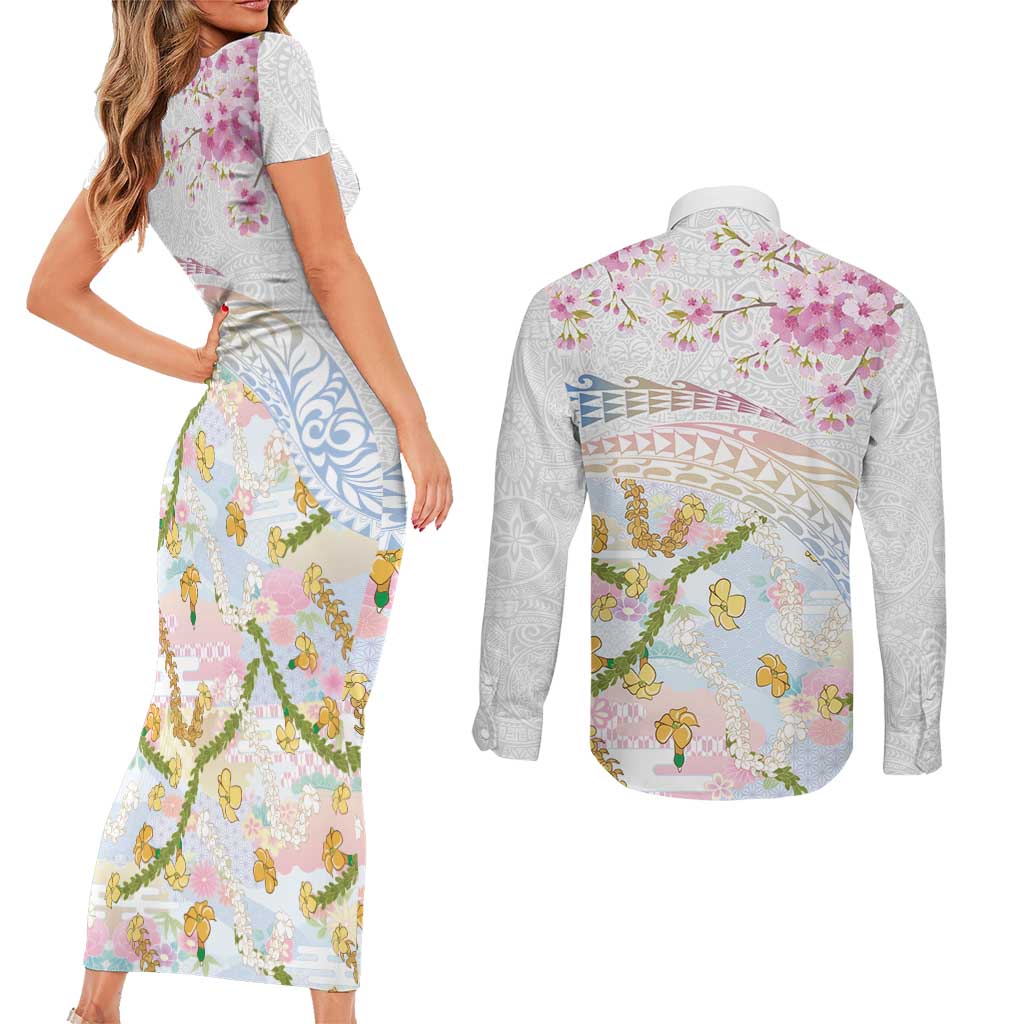 Hawaiian and Japanese Culture Together Couples Matching Short Sleeve Bodycon Dress and Long Sleeve Button Shirt Tribal Motifs with Lei and Japanese Sakura Pattern