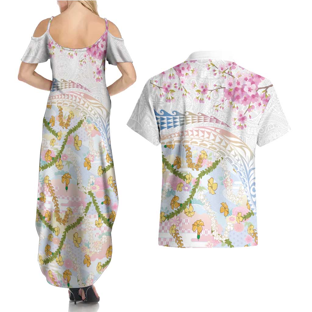 Hawaiian and Japanese Culture Together Couples Matching Summer Maxi Dress and Hawaiian Shirt Tribal Motifs with Lei and Japanese Sakura Pattern