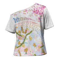 Hawaiian and Japanese Culture Together Cross Shoulder Shirt Tribal Motifs with Lei and Japanese Sakura Pattern