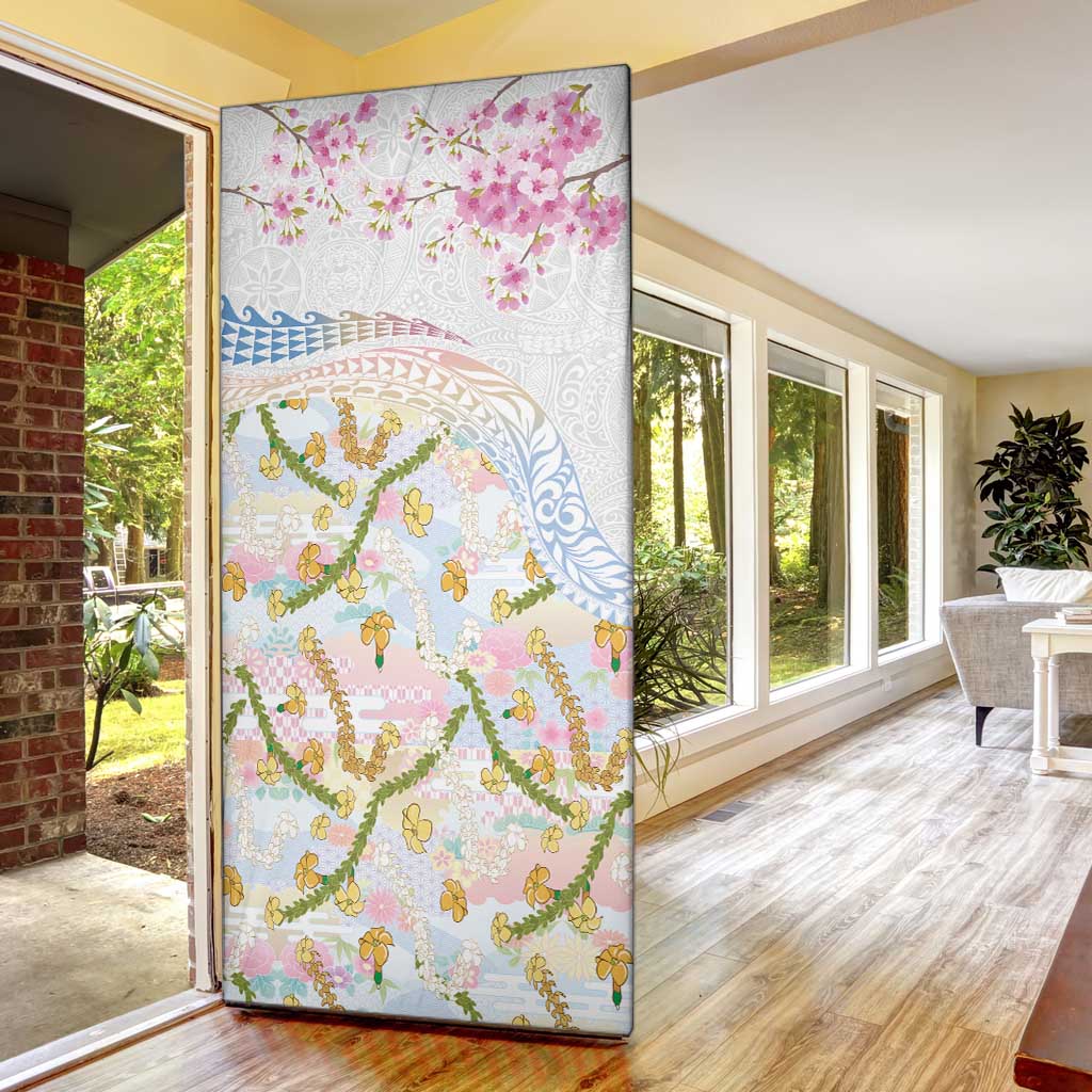 Hawaiian and Japanese Culture Together Door Cover Tribal Motifs with Lei and Japanese Sakura Pattern