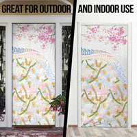 Hawaiian and Japanese Culture Together Door Cover Tribal Motifs with Lei and Japanese Sakura Pattern