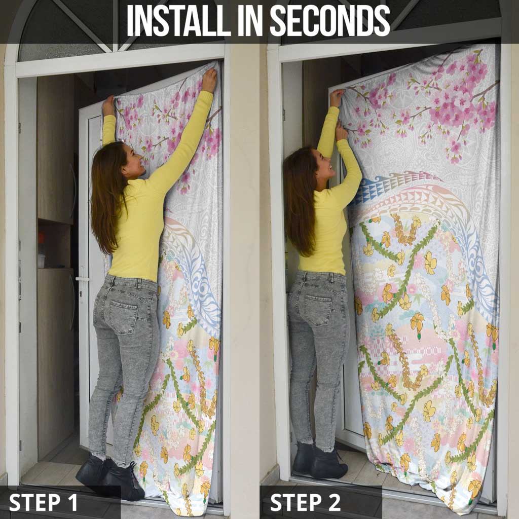 Hawaiian and Japanese Culture Together Door Cover Tribal Motifs with Lei and Japanese Sakura Pattern