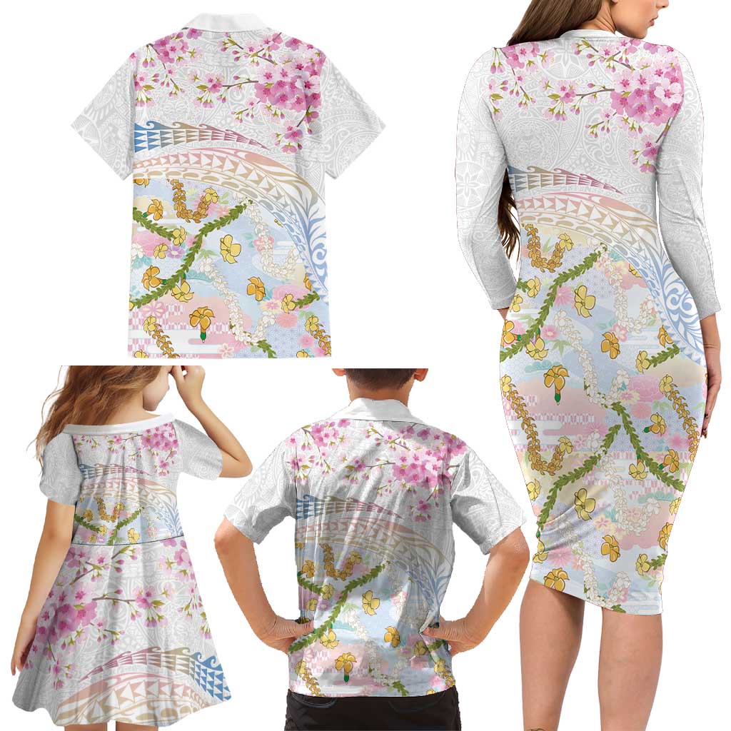 Hawaiian and Japanese Culture Together Family Matching Long Sleeve Bodycon Dress and Hawaiian Shirt Tribal Motifs with Lei and Japanese Sakura Pattern