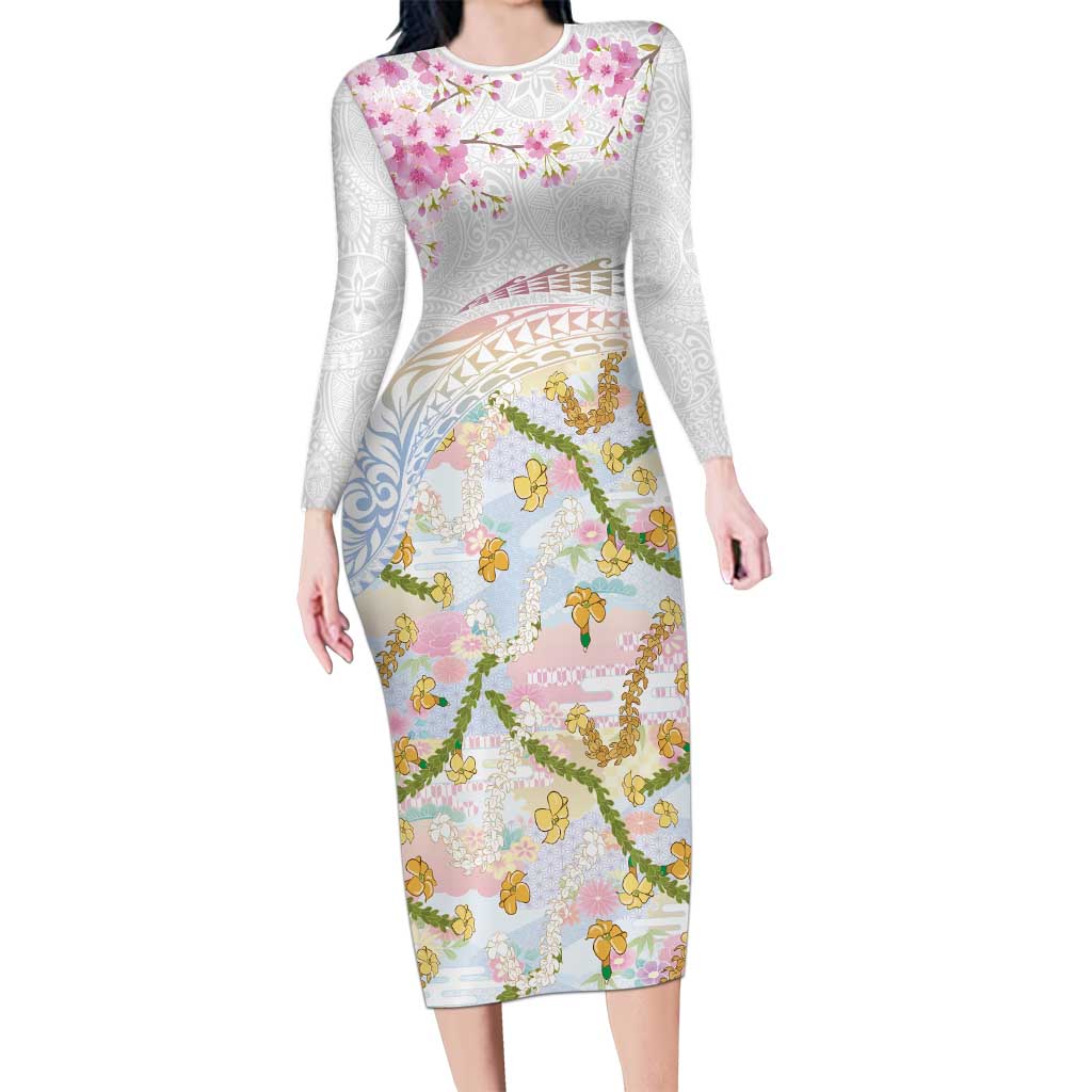 Hawaiian and Japanese Culture Together Family Matching Long Sleeve Bodycon Dress and Hawaiian Shirt Tribal Motifs with Lei and Japanese Sakura Pattern