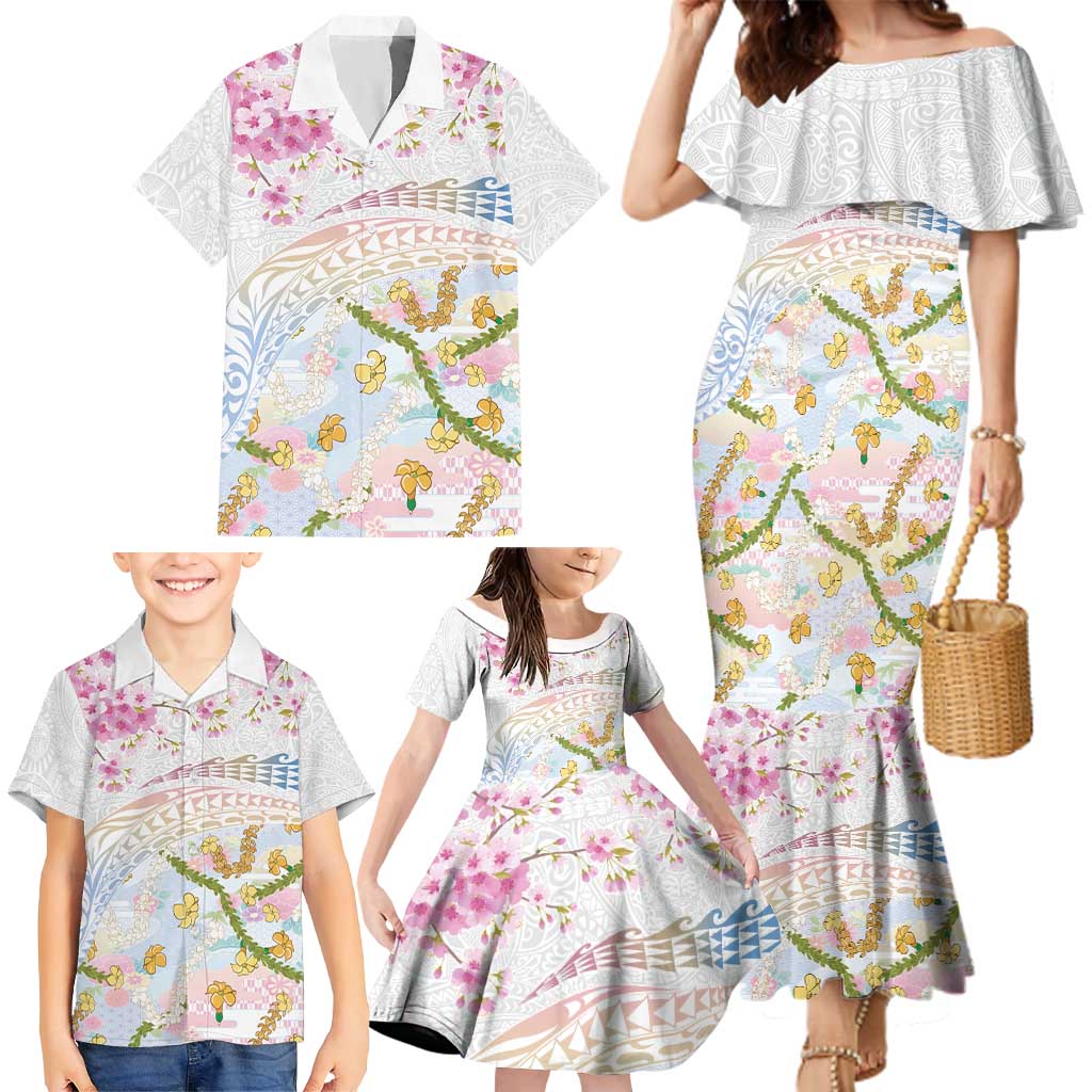 Hawaiian and Japanese Culture Together Family Matching Mermaid Dress and Hawaiian Shirt Tribal Motifs with Lei and Japanese Sakura Pattern LT03 - Polynesian Pride